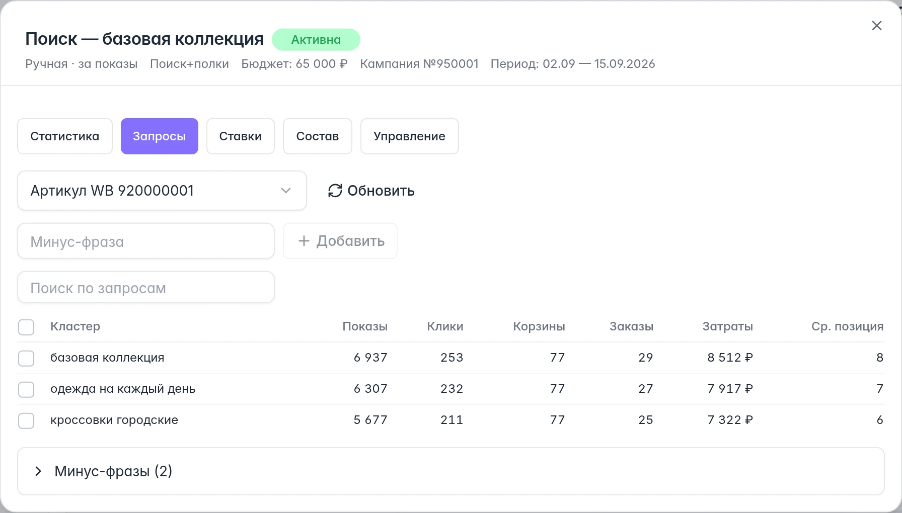 Запросы выбранного товара WB: поле минус-фразы, статистика кластеров и список действующих исключений