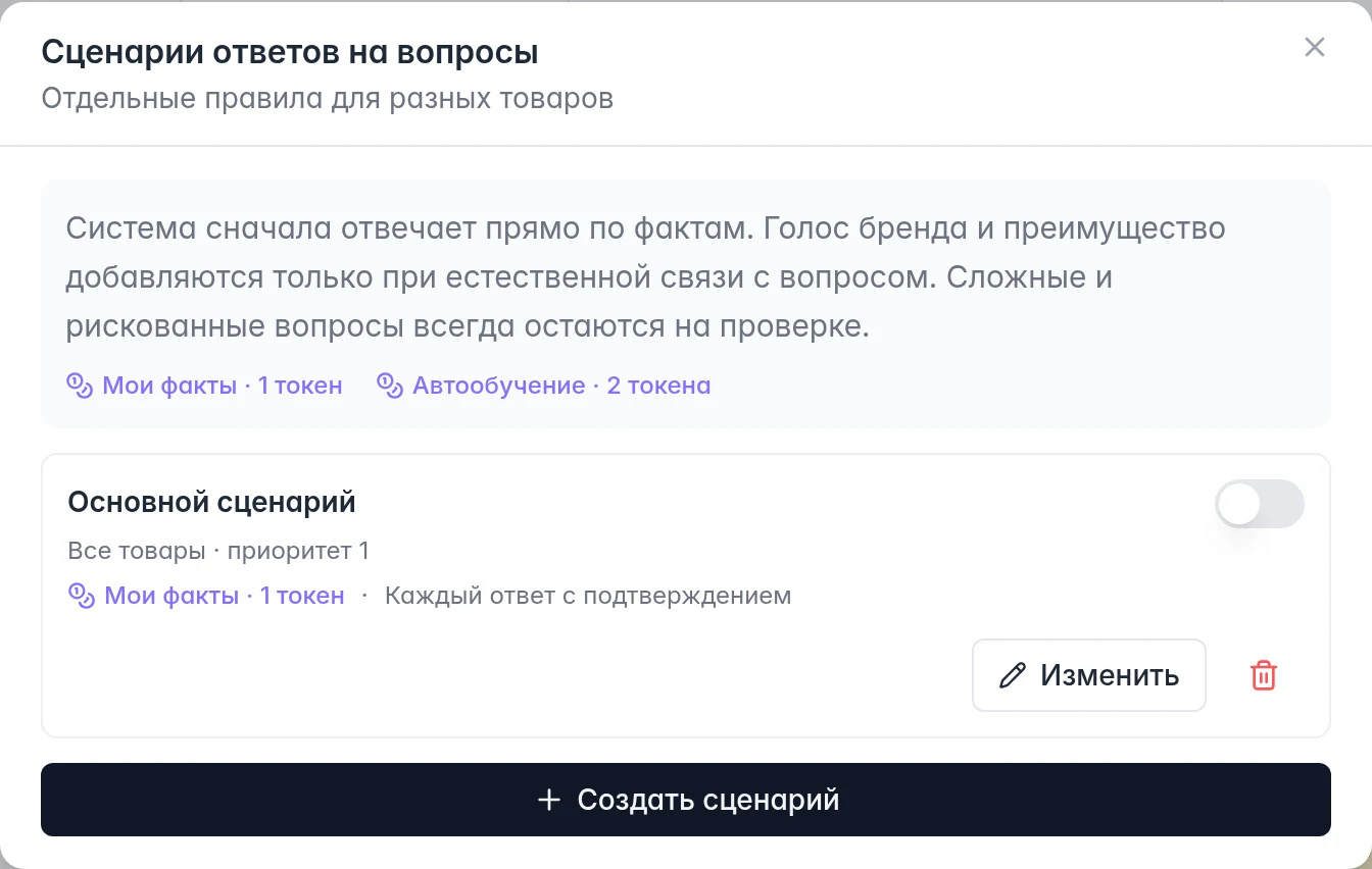 Список сценариев вопросов: охват, приоритет, стоимость, режим, переключатель и редактирование