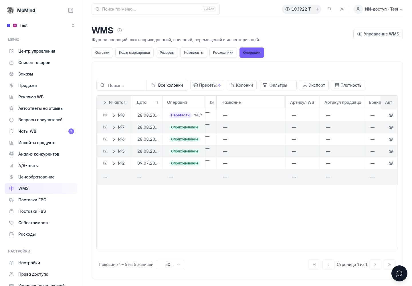 Рабочее окно WMS в тестовом кабинете MPMind