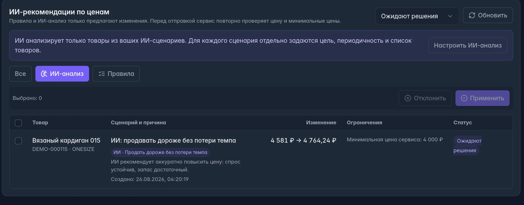ИИ-рекомендации по ценам в MPMind · демоданные